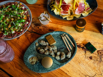 Texas grown hemp around gourmet food.