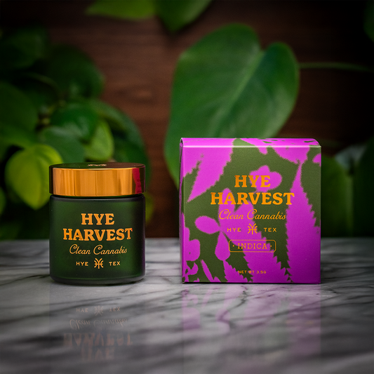 Box of Texas hemp products resting on a marble surface, framed by a lush, tree-filled backdrop.