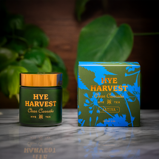 Box of Texas hemp products resting on a marble surface, framed by a lush, tree-filled backdrop.